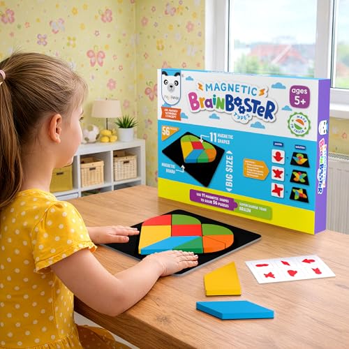 PLAY PANDA Brain Booster Type 2 Big Magnetic Puzzle Set for Kids, 11 Magnetic Shapes with Magnetic Board, 56 Puzzle Book & 56 Solution Book, Display Tray, Brain Training Indoor Educational Toy - Image 2