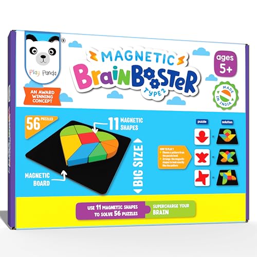 PLAY PANDA Brain Booster Type 2 Big Magnetic Puzzle Set for Kids, 11 Magnetic Shapes with Magnetic Board, 56 Puzzle Book & 56 Solution Book, Display Tray, Brain Training Indoor Educational Toy - Image 1