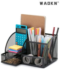 WAOKN Desk Organizer Office Accessories, Multi-Functional Mesh Desk Organizer Pen Holder Organizers Set with 6 Compartments and 1 Drawer for Home, Office, School, Workshop, Kitchen (black)  - Image 1
