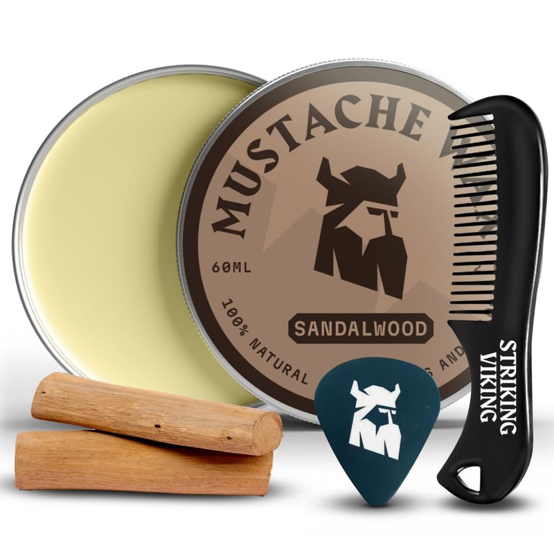 Striking Viking Mustache Wax for Men with Comb - 2 oz, Sandalwood - Strong Hold Wax with Anti-Static Mustache Comb for Precise Grooming - Non-Greasy Formula for Easy Beard Care - Image 1