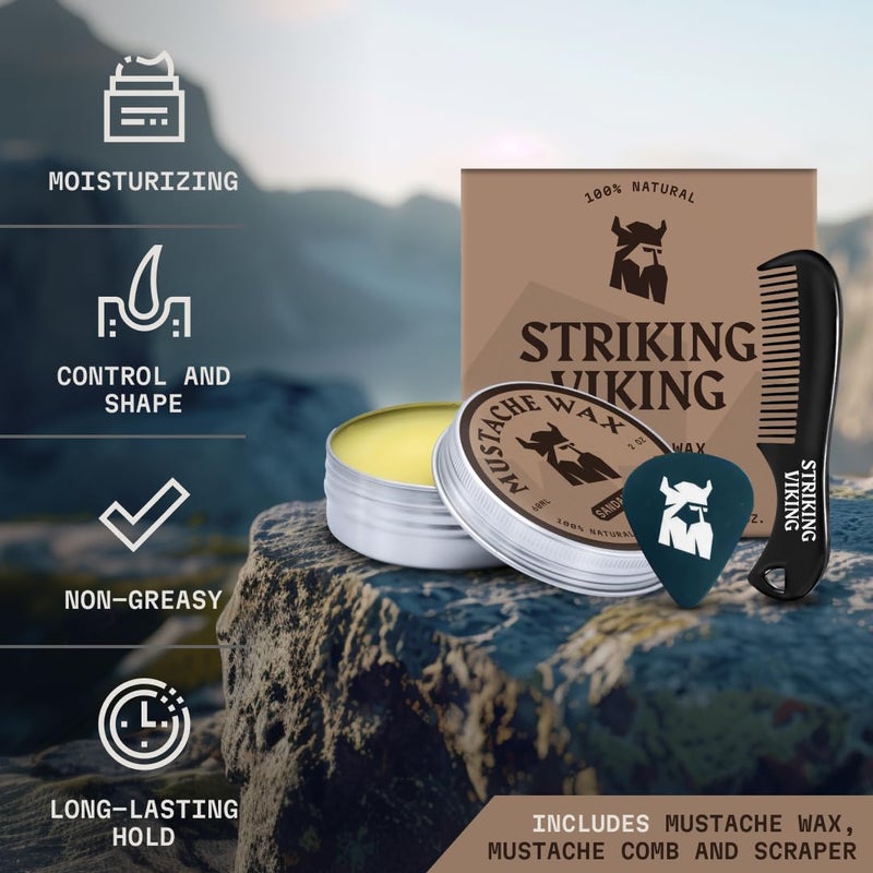 Striking Viking Mustache Wax for Men with Comb - 2 oz, Sandalwood - Strong Hold Wax with Anti-Static Mustache Comb for Precise Grooming - Non-Greasy Formula for Easy Beard Care - Image 3