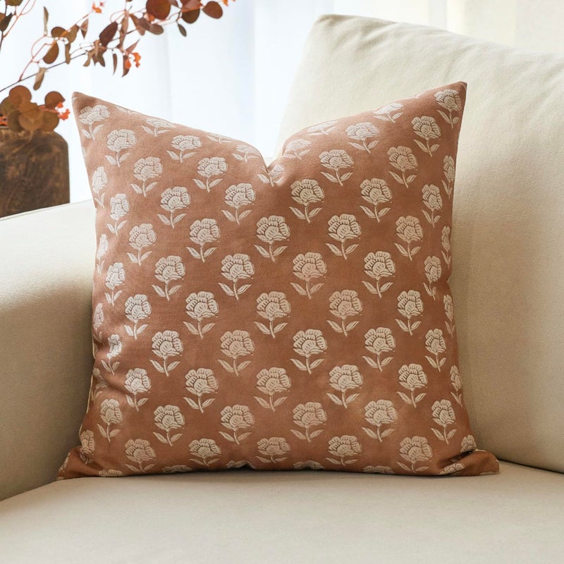 DOMVITUS Floral Pillow Covers 20x20 Throw Pillow Covers Decorative Block Floral Print Vintage Pillow Cover for Living Room Couch Bed, Brownish Orange, 1PC - Image 1