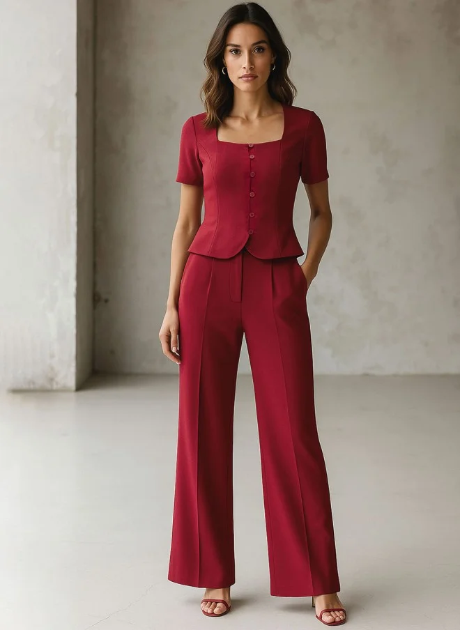 SASSAFRAS Maroon Square Neck Crop-Top With Wide-Leg Trousers For Women