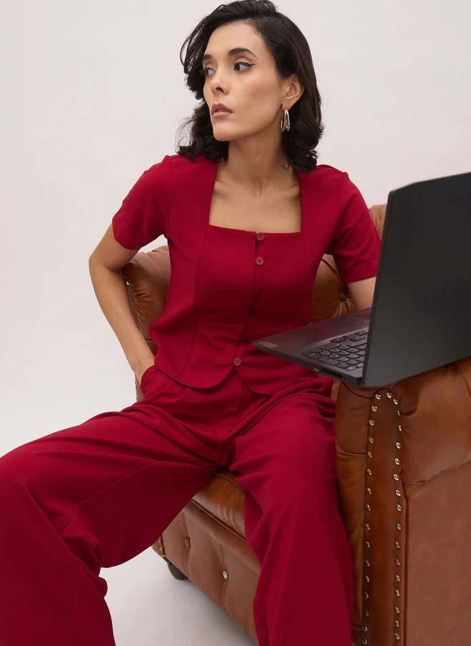 SASSAFRAS Maroon Square Neck Crop-Top With Wide-Leg Trousers For Women
