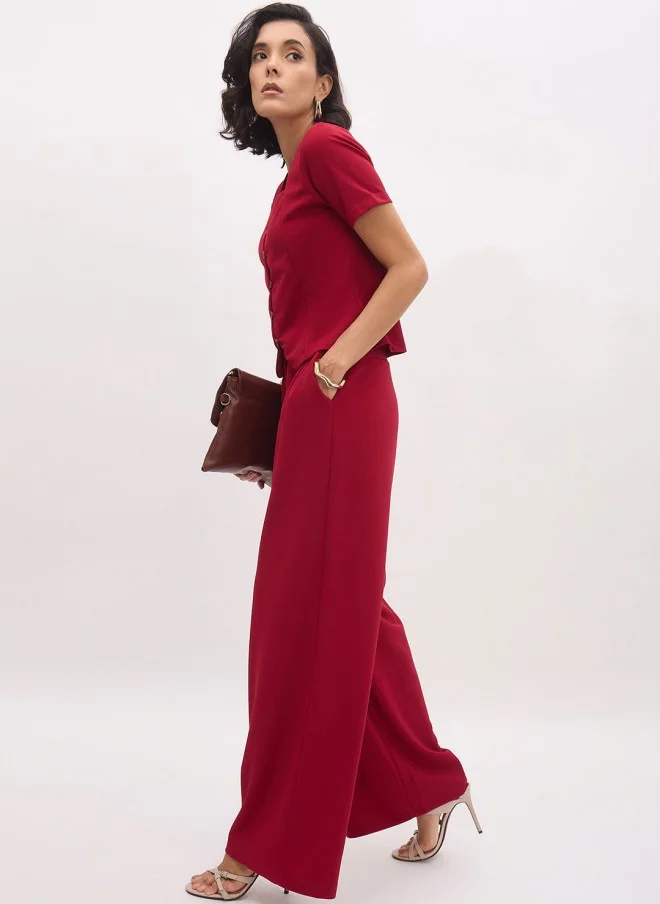 SASSAFRAS Maroon Square Neck Crop-Top With Wide-Leg Trousers For Women