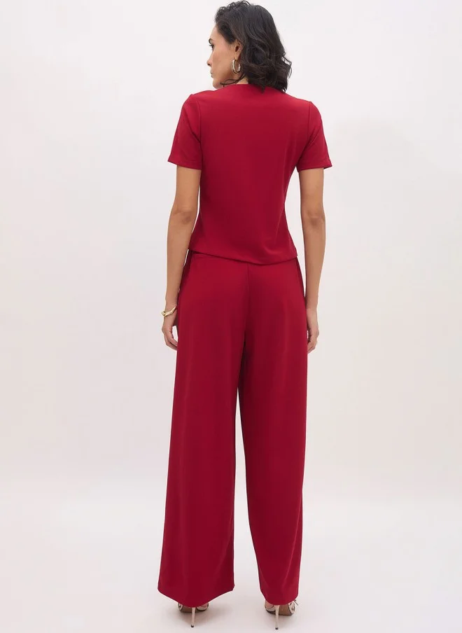 SASSAFRAS Maroon Square Neck Crop-Top With Wide-Leg Trousers For Women