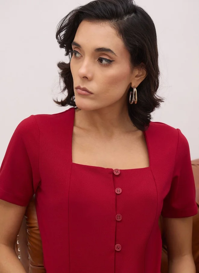 SASSAFRAS Maroon Square Neck Crop-Top With Wide-Leg Trousers For Women