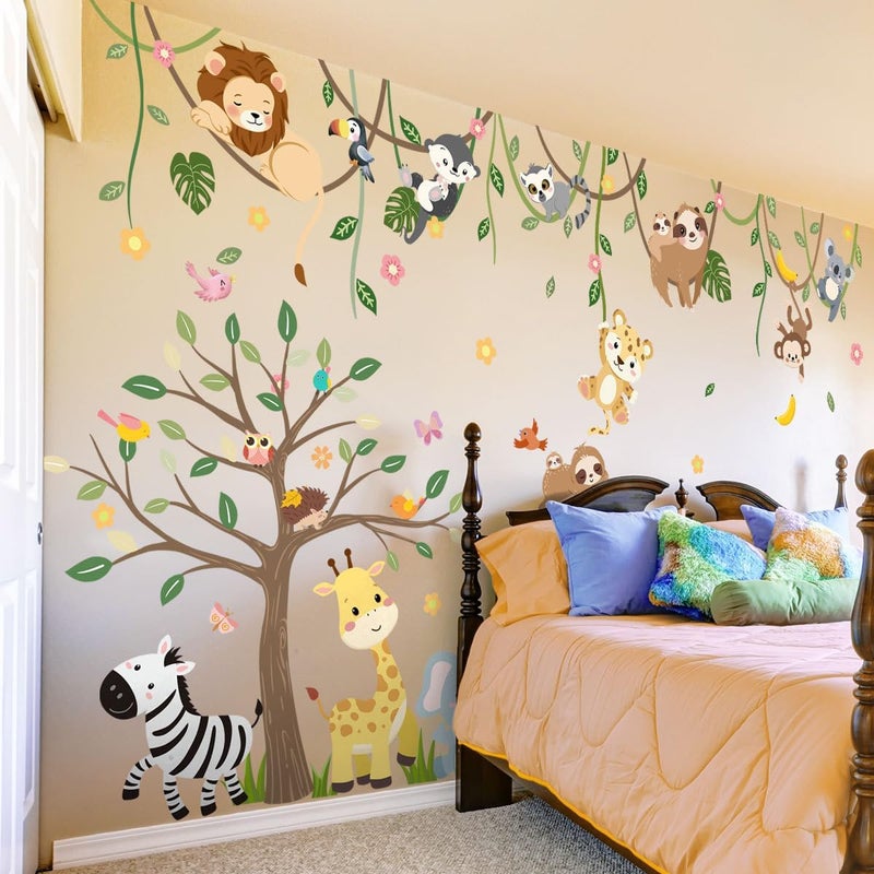 iMagitek Large Jungle Animals Tree Wall Decals Safari Animals Climbing Trees Wall Stickers Elephant Giraffe Lion Sloth Wall Stickers for Baby Nursery Kids Room Playroom Classroom 9094 x 6259 - Image 1