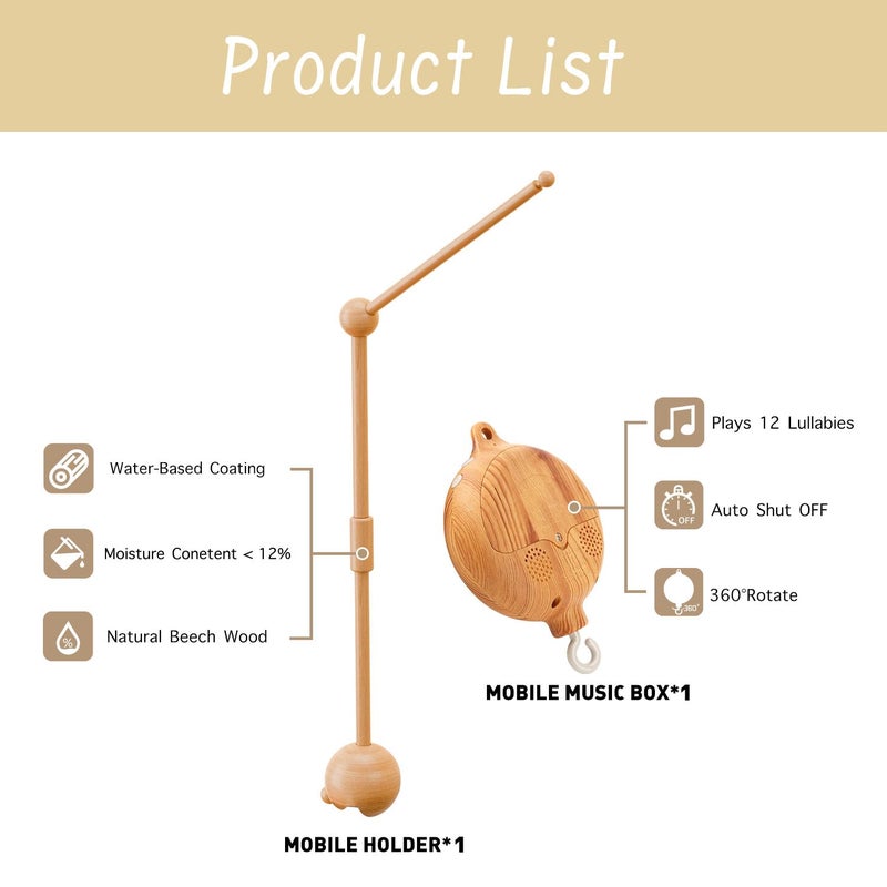 GIJIR Crib Mobile Arm with Music Box,32.5 Inch Crib Mobile Stand,Wooden Mobile Arm for Crib (2 Modes,360Â°Adjustable,100% Beech Wood) Baby Crib Mobile for Boy and Girl - Image 2