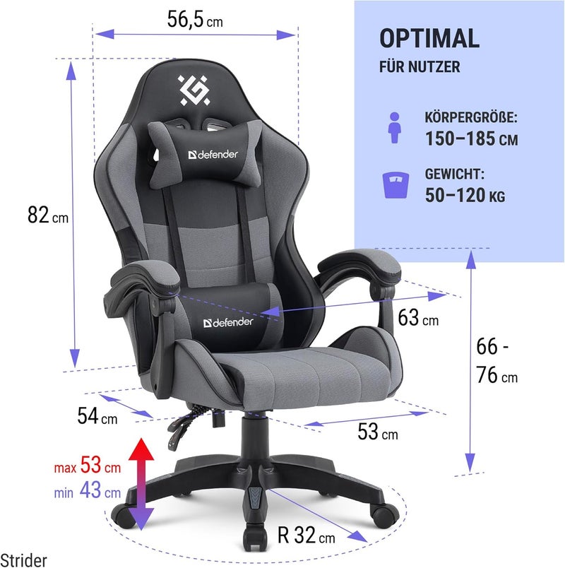 Defender Strider Gaming Chair - Ergonomic Gamer Chair - Mesh & Faux Leather - 135° Backrest - Breathable - Up to 120 kg - Black Grey - Image 2
