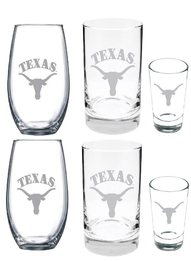 RFSJ Texas Longhorns 6 Piece Satin Etched Glass Combo Set - Includes 2 Wine Glasses, 2 Rocks/Whiskey Glasses, and 2 Shot Glasses - Image 2