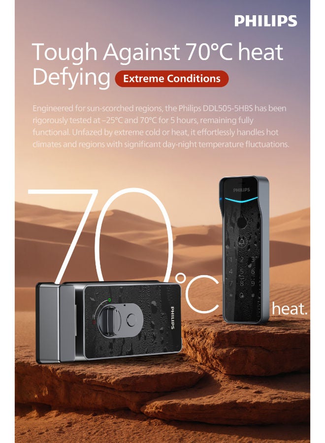 فيليبس قفل باب ذكي من فيليبس ٥٠٥، مثالي للاستخدام الخارجي في السعودية، مقاوم للغبار والماء بتصنيف IP65، يتحمل حرارة تصل إلى ٧٠ درجة مئوية، طرق فتح متعددة، رموز تعريف شخصية، قفل تلقائي، تنبيهات عبر التطبيق أسود - Image 1