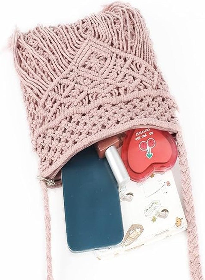 PARAH Women Small Cotton Crochet Cross-body Bag Bohemian Shoulder Bag Purse For Ladies (Light Pink) - Image 5