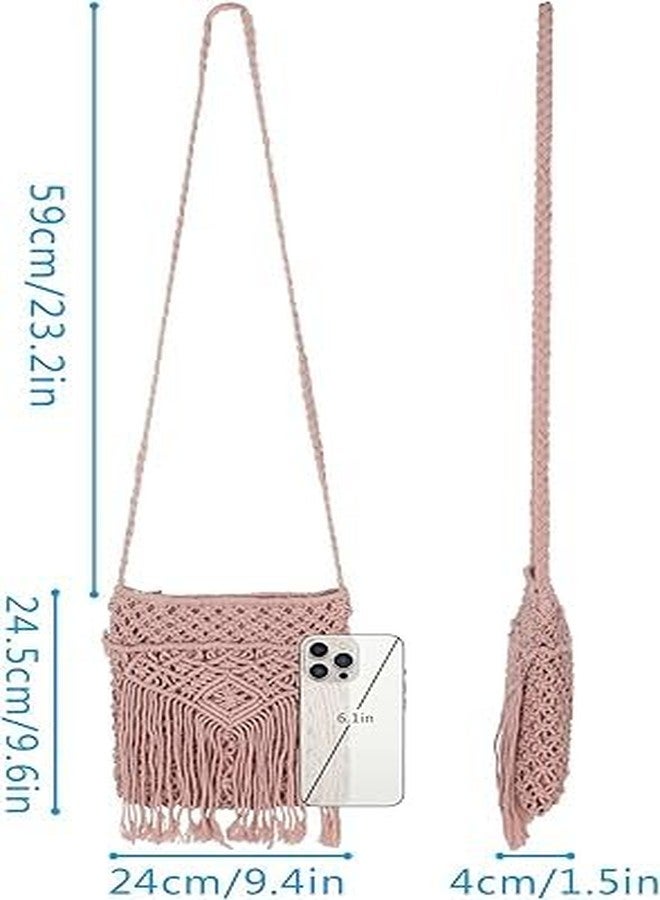 PARAH Women Small Cotton Crochet Cross-body Bag Bohemian Shoulder Bag Purse For Ladies (Light Pink) - Image 3