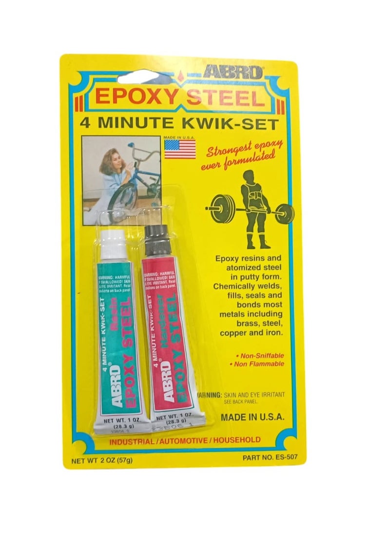 Abro - Epoxy Steel is a super-strong adhesive based on an advanced blend of epoxy resins and powdered metal, making it the ideal solution for chemical welding, filling, sealing, and bonding various metals such as copper, steel, iron, and brass. It has a fast cure time of just 4 minutes, making it ideal for industrial repairs, automotive, and everyday household uses. - Image 1