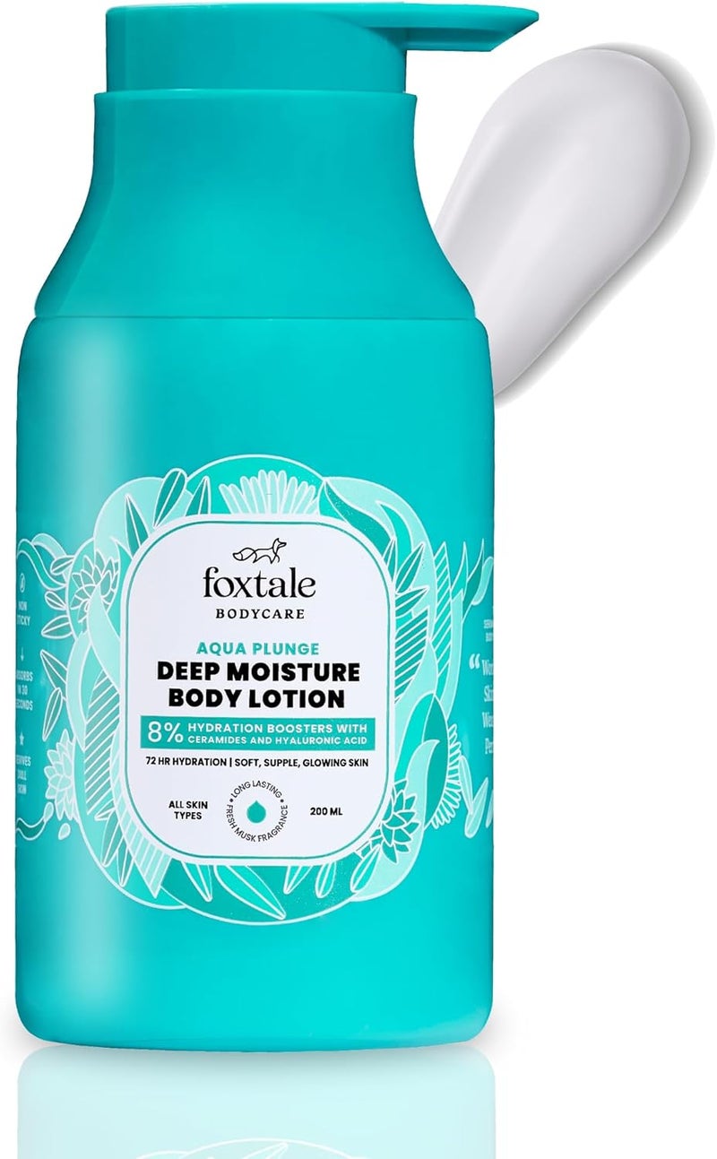 Foxtale Aqua Plunge Deep Moisture Body Lotion with Hyaluronic Acid & Ceramides - 72-Hour Hydration, Lightweight & Non-Sticky, Long Lasting Musk Fragrance - 200 ml - Image 1