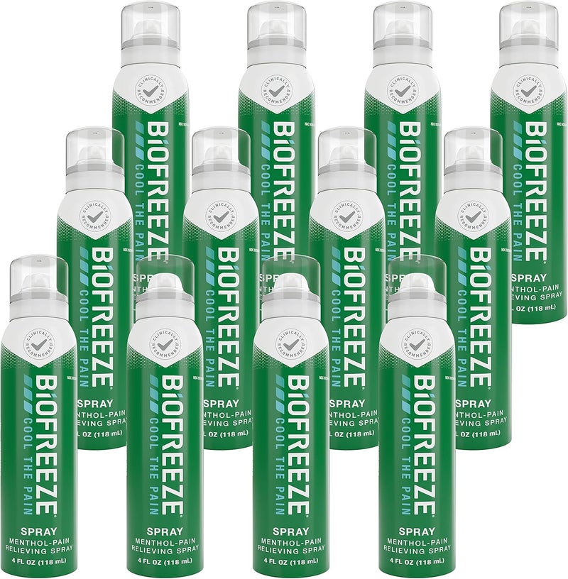Biofreeze Menthol Pain Relieving Spray 4 FL OZ Colorless Aerosol Spray Pack of 12 for Pain Relief Associated with Sore Muscles Arthritis Simple Backaches and Joint Pain Packaging May Vary - Image 1