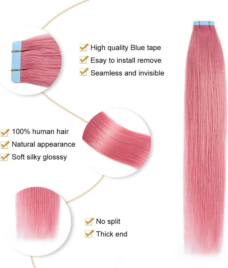 ييليت إكسسوارات شعر YILITE Tape In من شعر بشري، لون وردي ساخن، 16 بوصة، 10 قطع، 20 جرام/عبوة، غير مرئي مستقيم، خصلات جلدية غير مرئية، ريمي حريري، شعر بشري حقيقي - Image 3