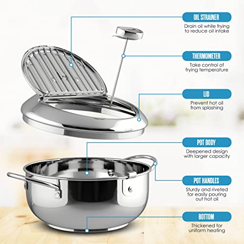 Houseables Mini Deep Fryer, Japanese Frying Pot, Stove Top Deep Fryer Pot, Frying Pot with Basket, with Lid, Temperature Gauge, Oil Drain Rack, Small, Baby, Tempura, Stainless Steel, 3.6 Quarts (3.2L) - Image 3