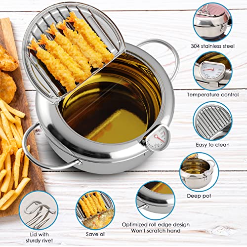 Houseables Mini Deep Fryer, Japanese Frying Pot, Stove Top Deep Fryer Pot, Frying Pot with Basket, with Lid, Temperature Gauge, Oil Drain Rack, Small, Baby, Tempura, Stainless Steel, 3.6 Quarts (3.2L) - Image 2