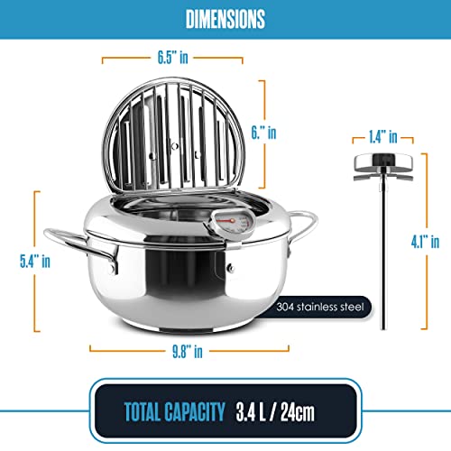 Houseables Mini Deep Fryer, Japanese Frying Pot, Stove Top Deep Fryer Pot, Frying Pot with Basket, with Lid, Temperature Gauge, Oil Drain Rack, Small, Baby, Tempura, Stainless Steel, 3.6 Quarts (3.2L) - Image 5