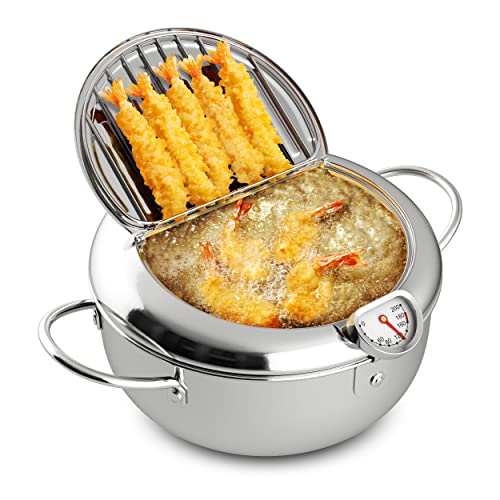 Houseables Mini Deep Fryer, Japanese Frying Pot, Stove Top Deep Fryer Pot, Frying Pot with Basket, with Lid, Temperature Gauge, Oil Drain Rack, Small, Baby, Tempura, Stainless Steel, 3.6 Quarts (3.2L) - Image 1