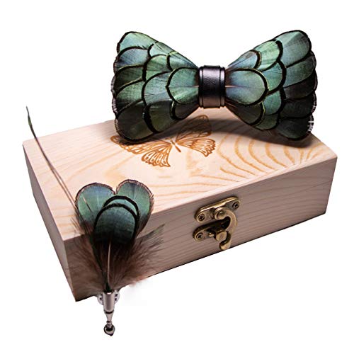 RBOCOTT Green Feather Pre-tied Bow tie Leather Bowtie and Brooch Sets for Men(6) - Image 2