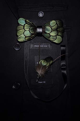 RBOCOTT Green Feather Pre-tied Bow tie Leather Bowtie and Brooch Sets for Men(6) - Image 5