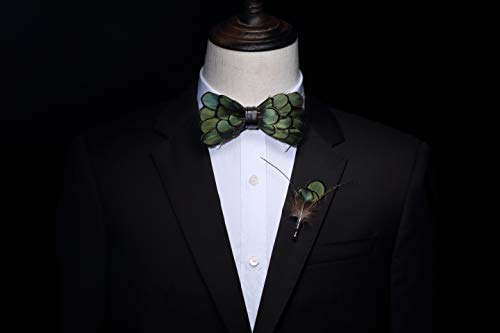 RBOCOTT Green Feather Pre-tied Bow tie Leather Bowtie and Brooch Sets for Men(6) - Image 4