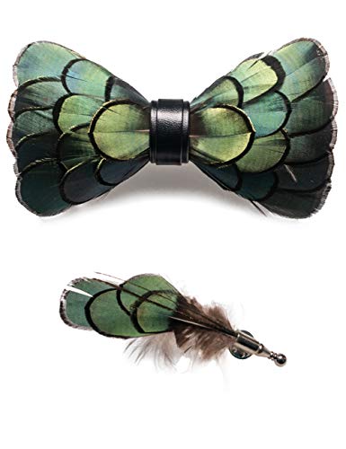 RBOCOTT Green Feather Pre-tied Bow tie Leather Bowtie and Brooch Sets for Men(6) - Image 1