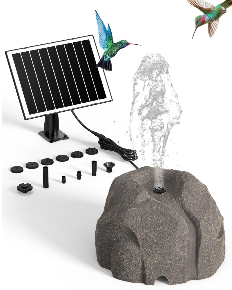 Vovamo Solar Fountain for Bird Bath with Dry Run Protection Solar Powered Bird Bath Pump with 10 Nozzles,Resin Granite Rock Bird Fountain for Outdoor Water Features,Ponds,Can Cloudy Day Use - Image 1