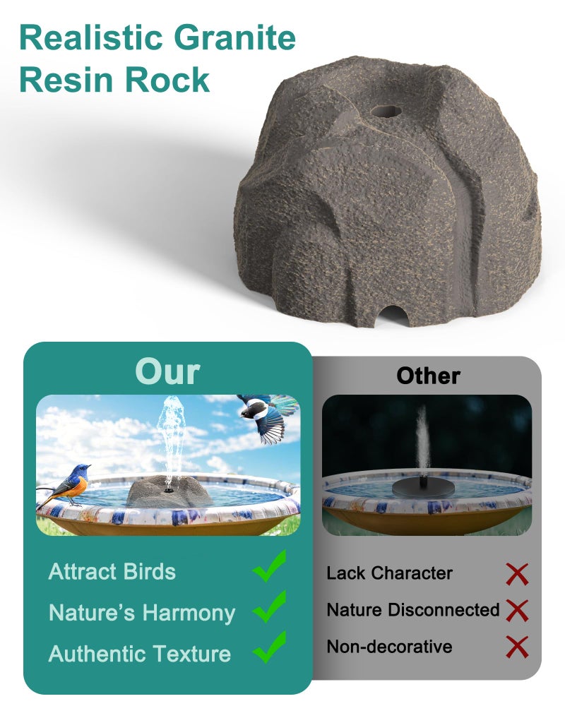 Vovamo Solar Fountain for Bird Bath with Dry Run Protection Solar Powered Bird Bath Pump with 10 Nozzles,Resin Granite Rock Bird Fountain for Outdoor Water Features,Ponds,Can Cloudy Day Use - Image 3