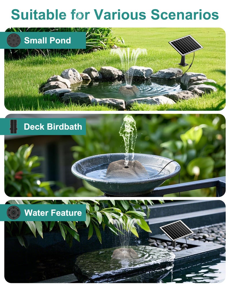 Vovamo Solar Fountain for Bird Bath with Dry Run Protection Solar Powered Bird Bath Pump with 10 Nozzles,Resin Granite Rock Bird Fountain for Outdoor Water Features,Ponds,Can Cloudy Day Use - Image 5
