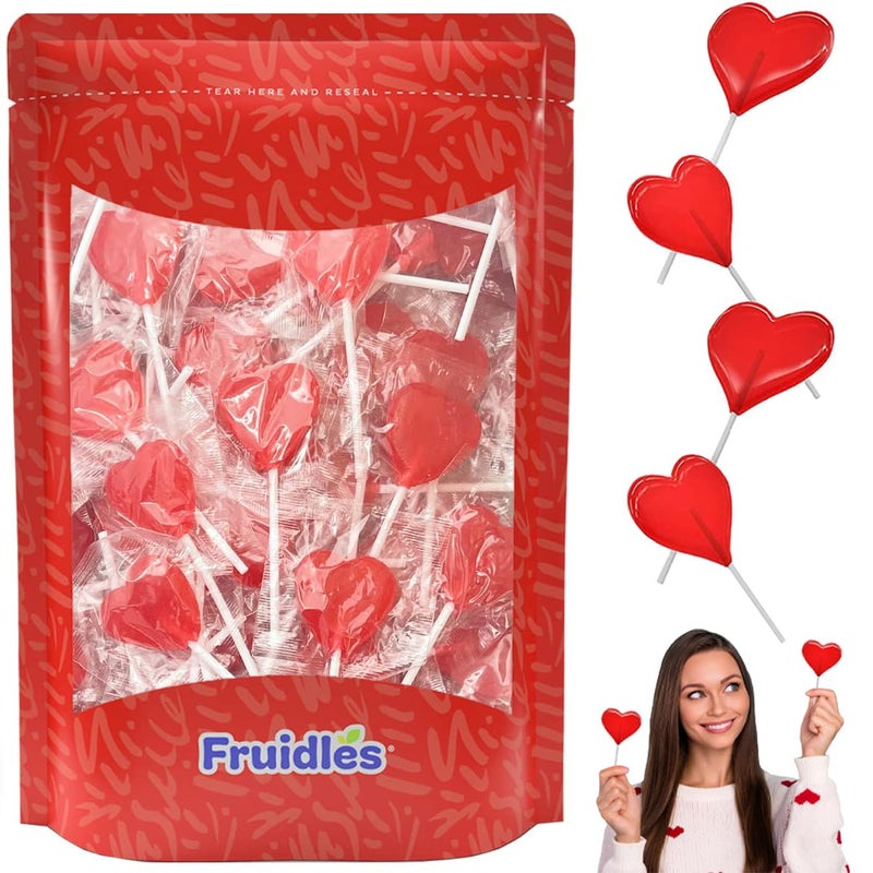 Fruidles Valentine's Heart Lollipops Candy, Red Heart Shaped Hard Candy Lollipop Suckers, Individually Wrapped, 12g Lollipop (2 Pounds) - Image 1