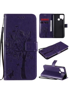HuHa Case Cover For Realme C12 / C15 Tree & Cat Embossed Pattern Horizontal Flip Leather Case with Holder & Card Slots & Wallet & Lanyard Purple 