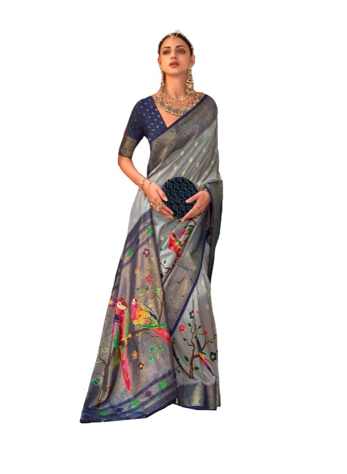 Grab Mantra Traditional Silk Grey Base Saree Blue Border And Parrot Print Ethnic Design with unstitched blouse  - Image 1