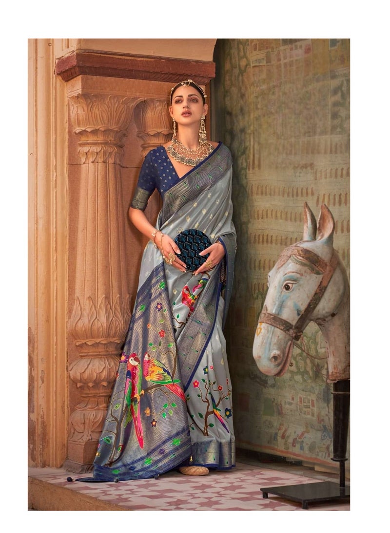 Grab Mantra Traditional Silk Grey Base Saree Blue Border And Parrot Print Ethnic Design with unstitched blouse  - Image 2