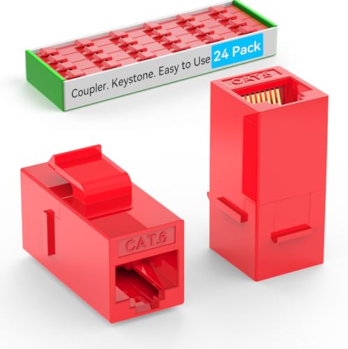 Sokqovt CAT6 RJ45 Keystone Coupler 24 Pack Cat6 Keystone Jack Female to Female Cat 6 Inline Keystone Jacks for Wall Plate Patch Panel RJ45 Ethernet Coupler Red - Image 1