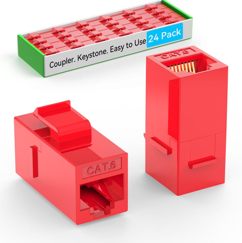 Sokqovt CAT6 RJ45 Keystone Coupler 24 Pack Cat6 Keystone Jack Female to Female Cat 6 Inline Keystone Jacks for Wall Plate Patch Panel RJ45 Ethernet Coupler Red - Image 2