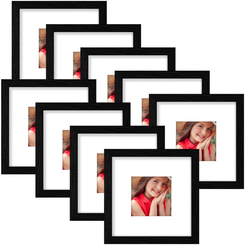 Vittanly 8x8 Picture Frames for Wall Set of 9  Display 4x4 Pictures with Mat or 8x8 without Mat  Collage Frames for for Wall Mounting  Perfect for Home D?cor (Black  8x8) - Image 1