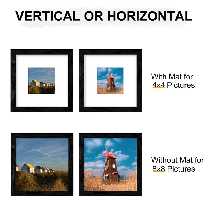 Vittanly 8x8 Picture Frames for Wall Set of 9  Display 4x4 Pictures with Mat or 8x8 without Mat  Collage Frames for for Wall Mounting  Perfect for Home D?cor (Black  8x8) - Image 4