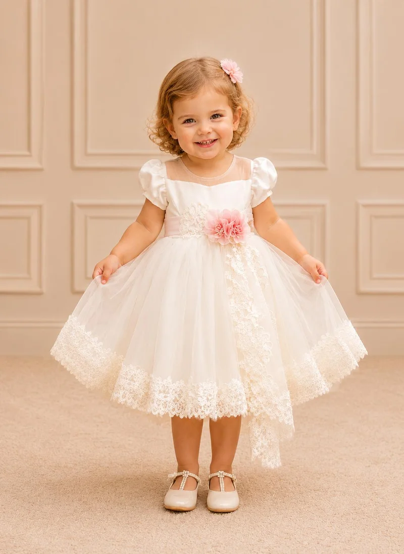 Via Bambino Ivory Puff-Sleeve Lace-Trim Tulle Dress 5591