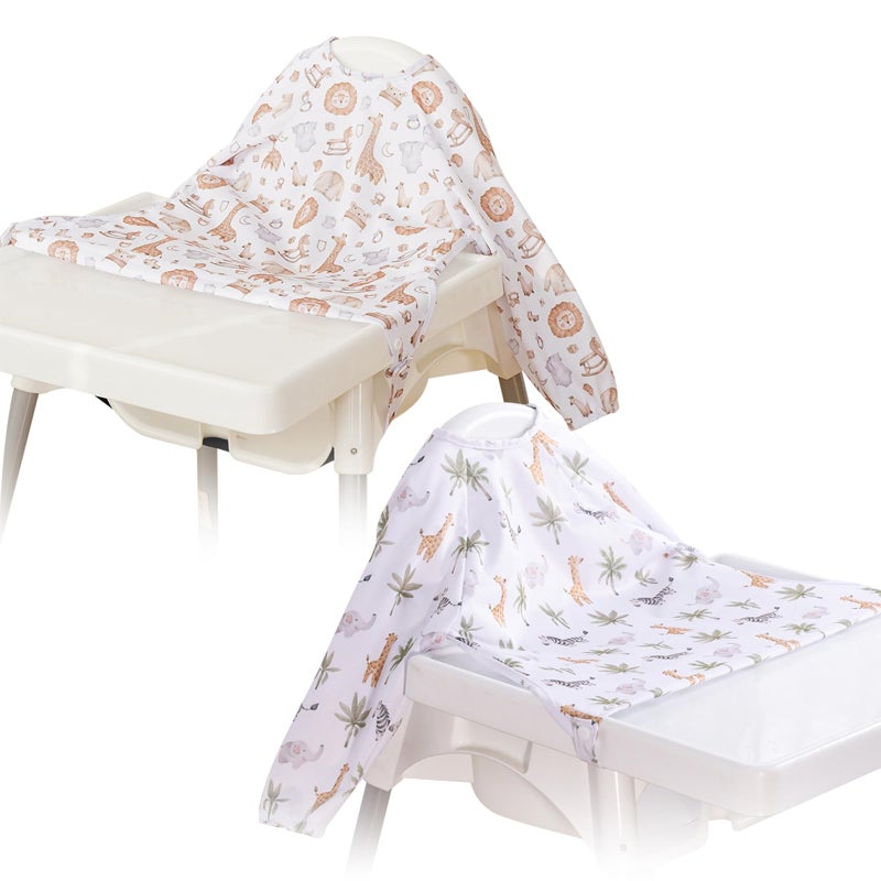 CoolaPeach 2Set Feeding Bibs Long Sleeve Baby Bib - Mess-Proof Feeding Bibs for Babies - Adjustable, Waterproof, and Highchair/Table Attachment,Fits Ages 6-24 Months (Lion and giraffe) - Image 1