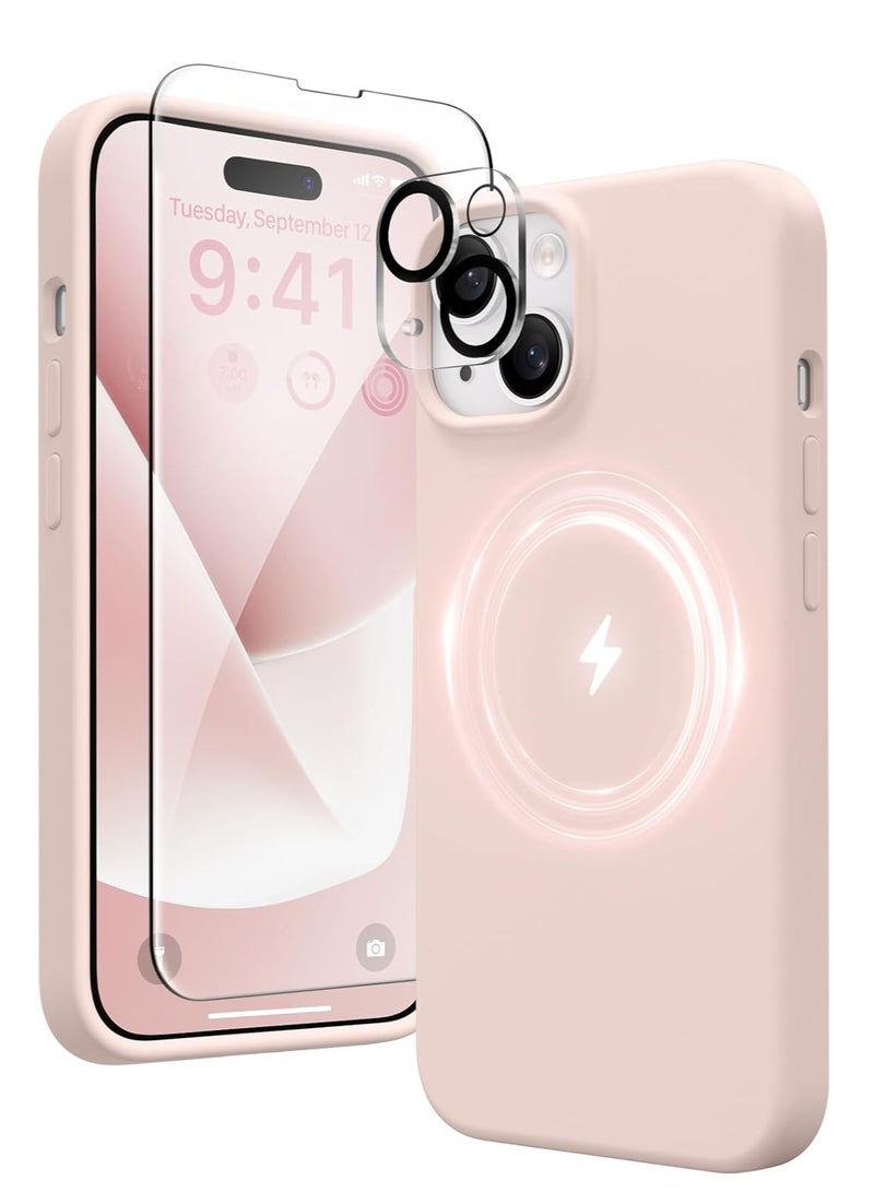 ELTRAZONE  5 in 1 for iPhone 15 Case Magnetic, Compatible with Magsafe, with 2X[Screen Protectors + Camera Lens Proctetors], Slim Full Body Case, Skin-Like Silicone Phone Case 6.1",Pink - Image 1