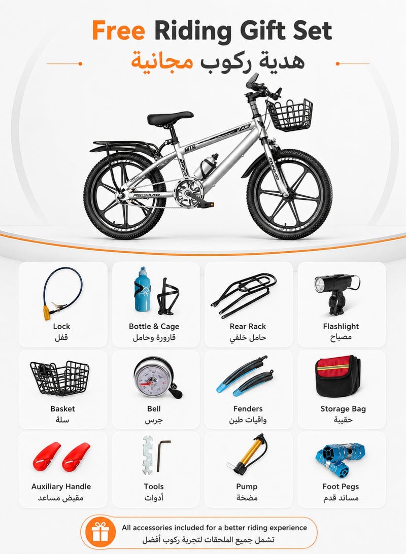 RUIYADA 18Inch Kids Bike Silver Single Speed Mountain Bicycle with High Carbon Steel Frame, Dual Brakes, Non-Slip Tires, and Free Accessories Kit (Basket, Bell, Pump) for 110-125cm Height, for Boys Girls Ages 8-12 - Image 5