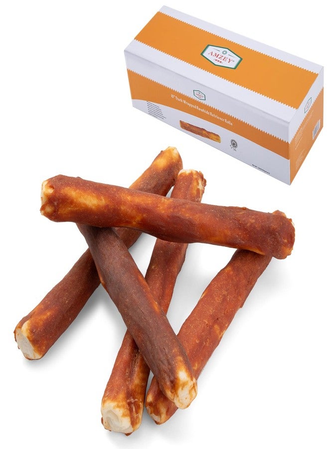 Amzey Collagen Treats for Dogs, 10" Rawhide Retriever Rolls Dog Chews Treats, Duck Wrapped Rawhide Bones Long-Lasting for Large Dogs 50lbs Up, All Natural Duck Basted Dog Rawhide Chews, 5 Count - Image 1