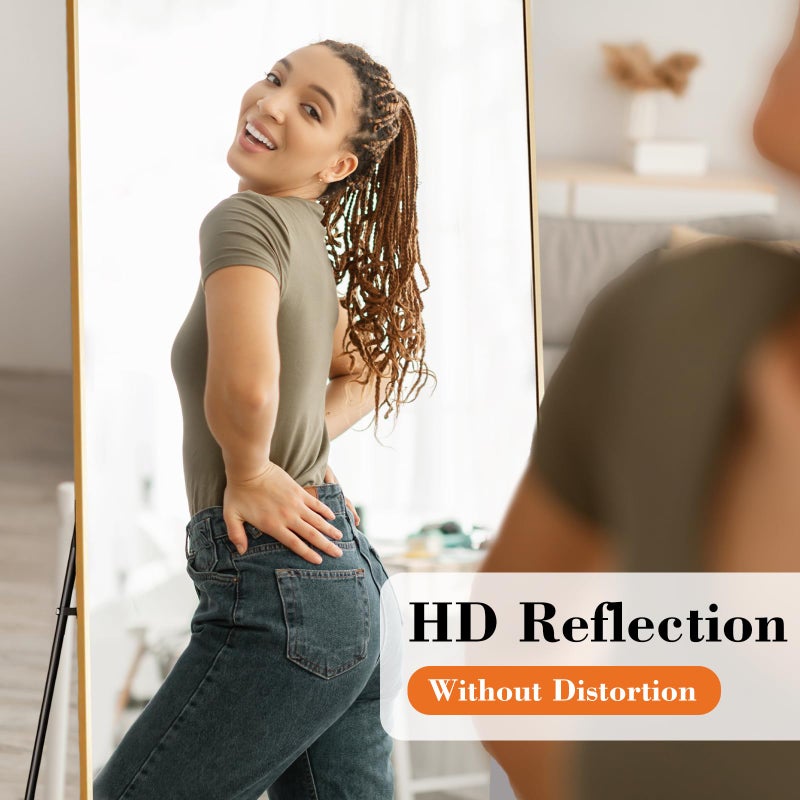 DUMOS Gold Full Length Mirror 59"x16" Full Body Floor Mirror for Bedroom or Cloakroom, Can Stand Alone, Hang or Lean Against Wall, Tall Wall Mirror with Stand and Sleek Aluminum Alloy Thin Frame - Image 2