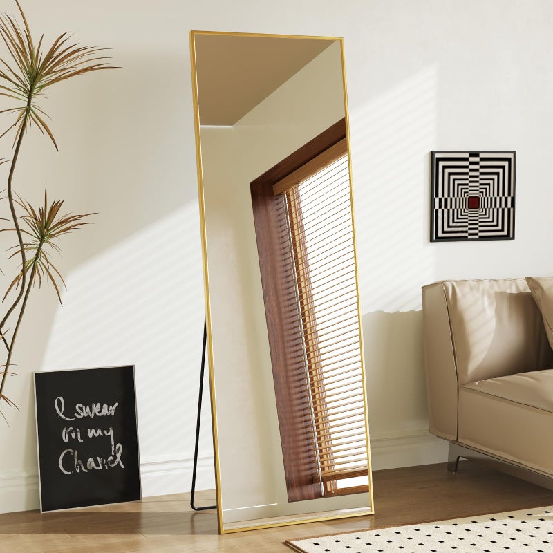 DUMOS Gold Full Length Mirror 59"x16" Full Body Floor Mirror for Bedroom or Cloakroom, Can Stand Alone, Hang or Lean Against Wall, Tall Wall Mirror with Stand and Sleek Aluminum Alloy Thin Frame - Image 1