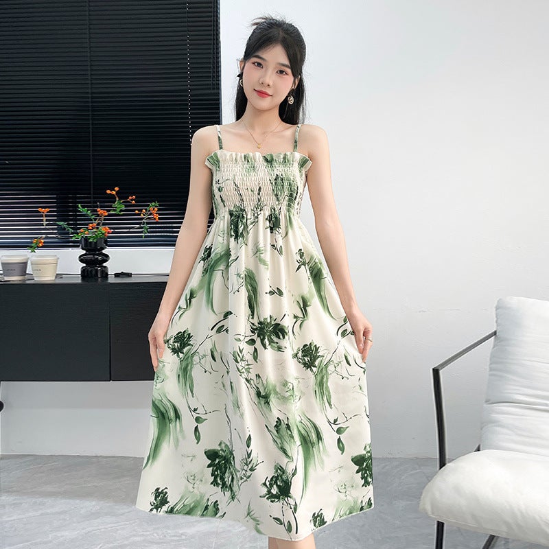 [1.7K People Collection] 2025 New Summer Sling Dress Women A-Line Double Layer Sleeveless Chiffon Floral Skirt Gray flower - Image 3