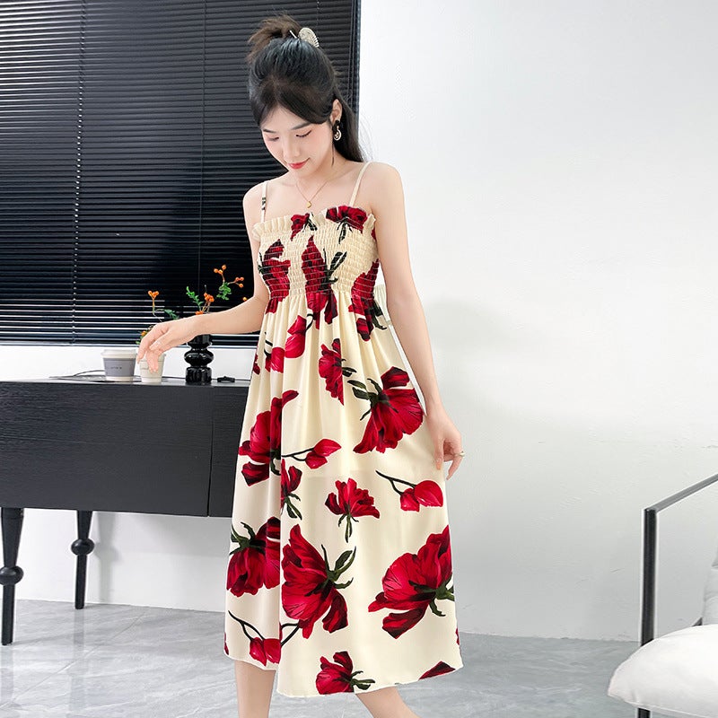 [1.7K People Collection] 2025 New Summer Sling Dress Women A-Line Double Layer Sleeveless Chiffon Floral Skirt Gray flower - Image 2